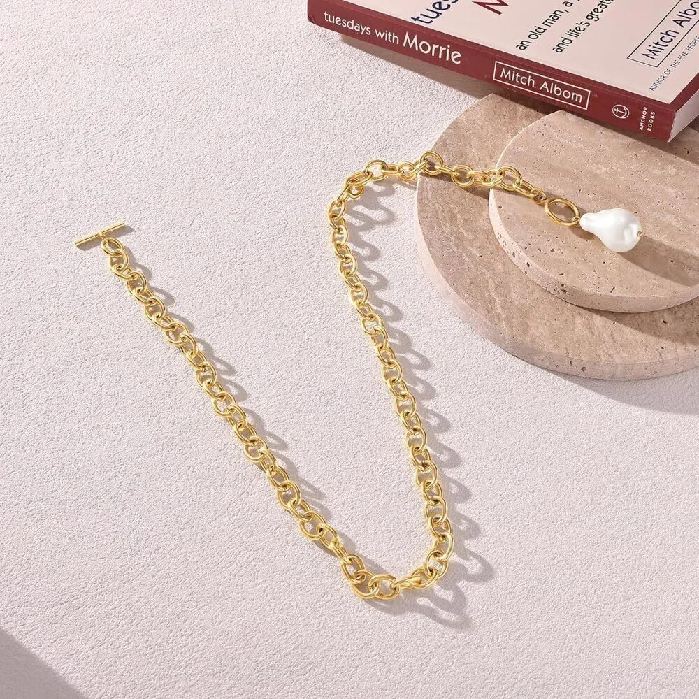 14K Gold  pearl-gd Plated Chunky Layered Necklace | Paperclip Herringbone Chain - Picture 3 of 7